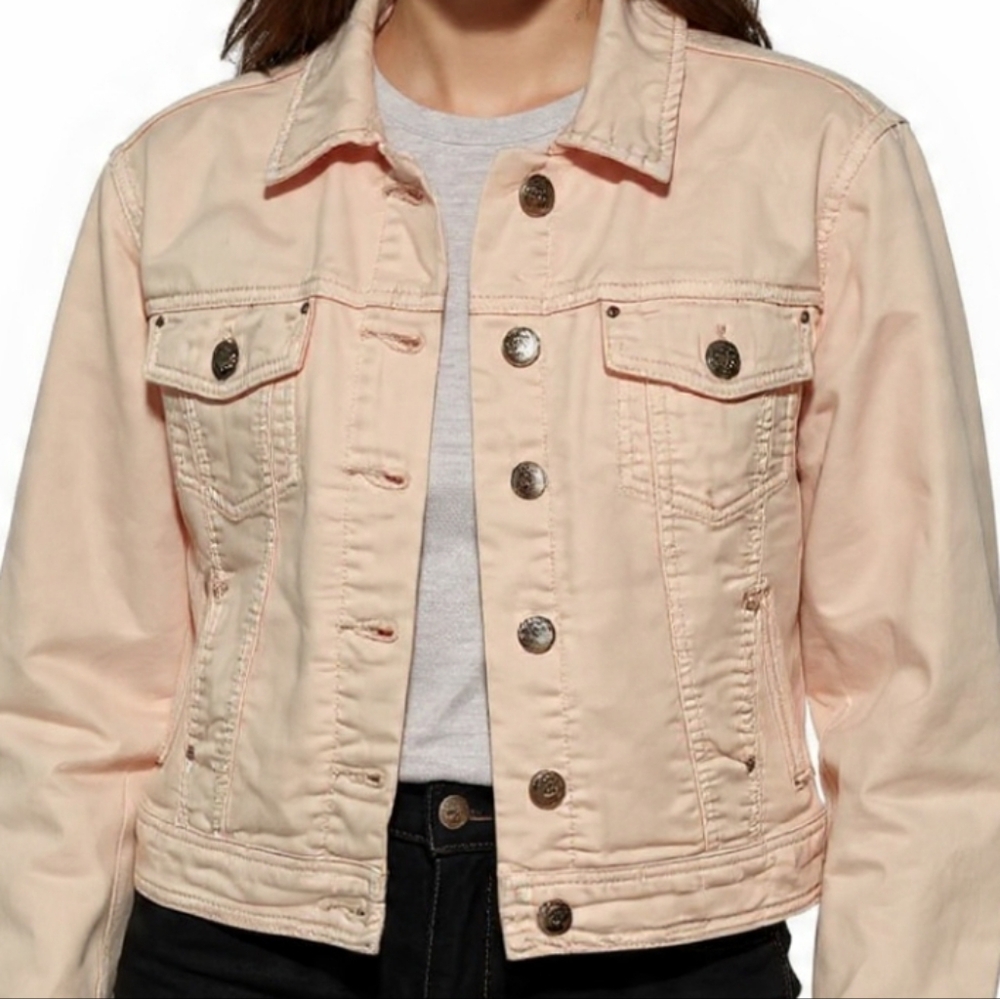 M🌸Chic Light Pink Denim Jacket Color Distressed
